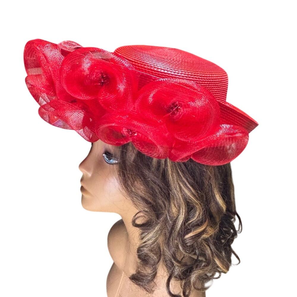 Ann Marie Wide brimmed red Church or Derby hat structural ruffled mesh rosettes